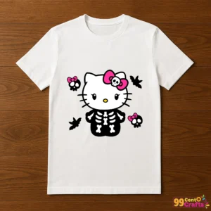 Hello Kitty skeleton Halloween design printed on t-shirt mockup showing spooky cute apparel for Halloween crafting