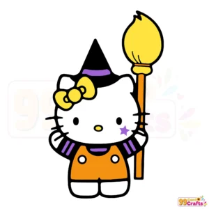 Hello Kitty witch Halloween SVG cut file design with adorable cat character in witch hat for Cricut and Silhouette
