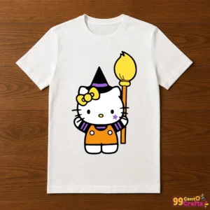 Hello Kitty witch Halloween design printed on t-shirt mockup showing cute cat character in witch hat