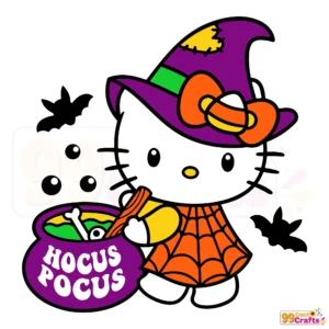 Hocus Pocus Hello Kitty Halloween SVG design featuring cute witchy Hello Kitty character for crafting projects