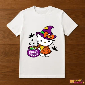 Hello Kitty Halloween witch design printed on t-shirt mockup showing Hocus Pocus themed crafting application