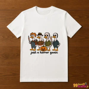 Horror Goose Halloween SVG design displayed on t-shirt mockup showing silly goose character apparel application