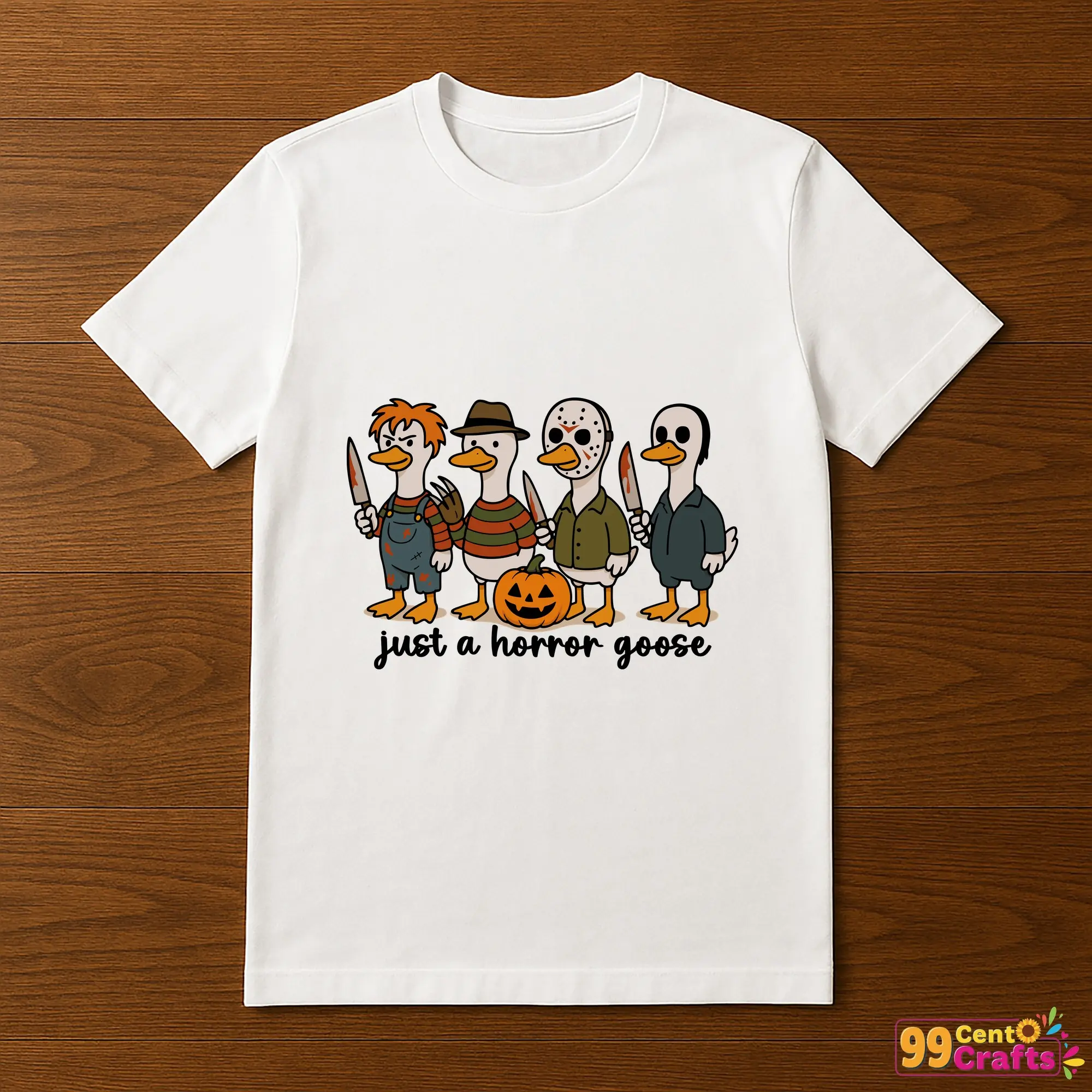 Horror Goose Halloween SVG design displayed on t-shirt mockup showing silly goose character apparel application
