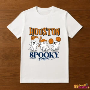 Houston Astros spooky season baseball design printed on t-shirt mockup showing Halloween ghost themed graphics