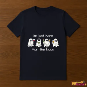 I'm Just Here For The Boos ghost design printed on t-shirt mockup showing funny Halloween drinking shirt