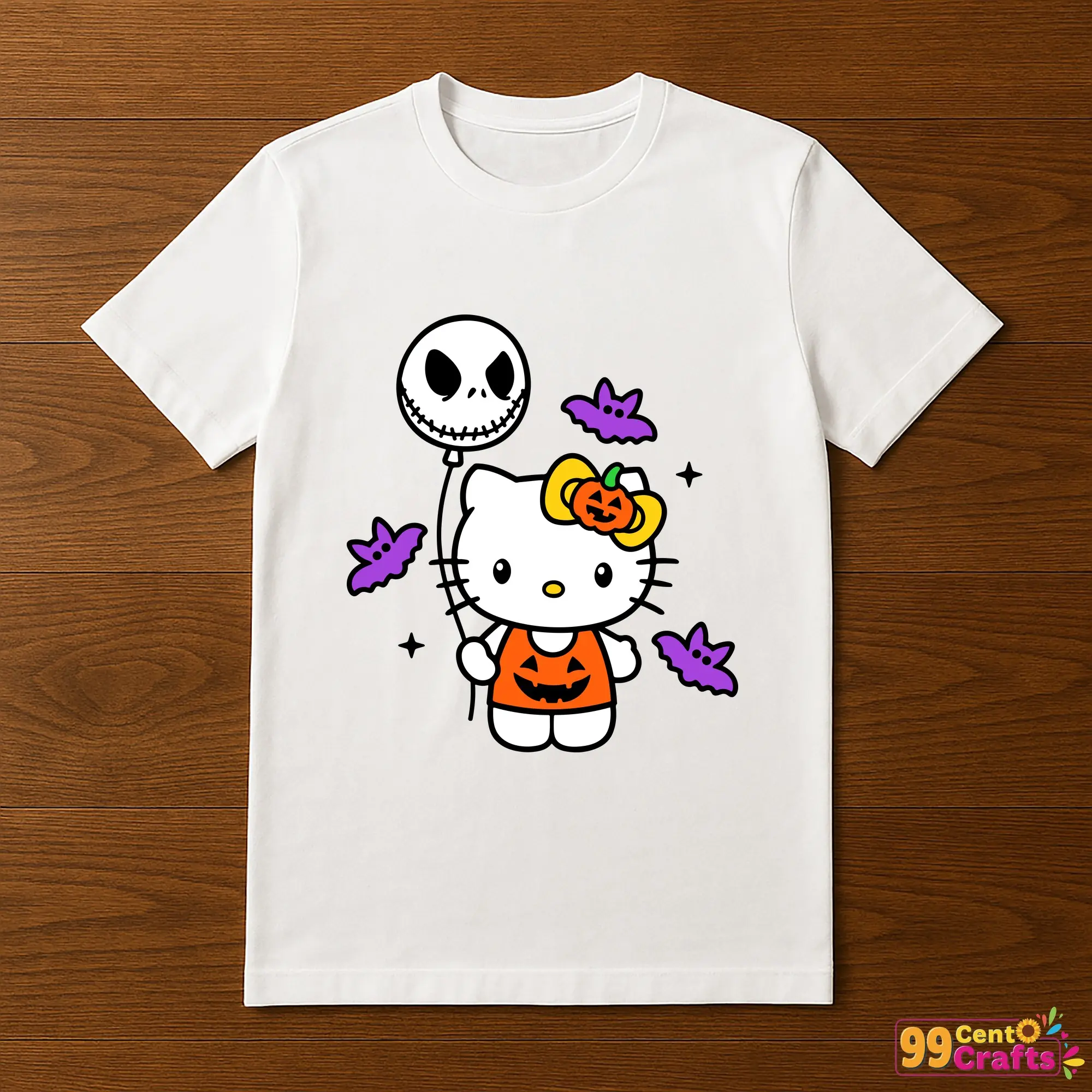 Jack Balloon Hello Kitty Halloween design printed on t-shirt mockup showcasing wearable craft application