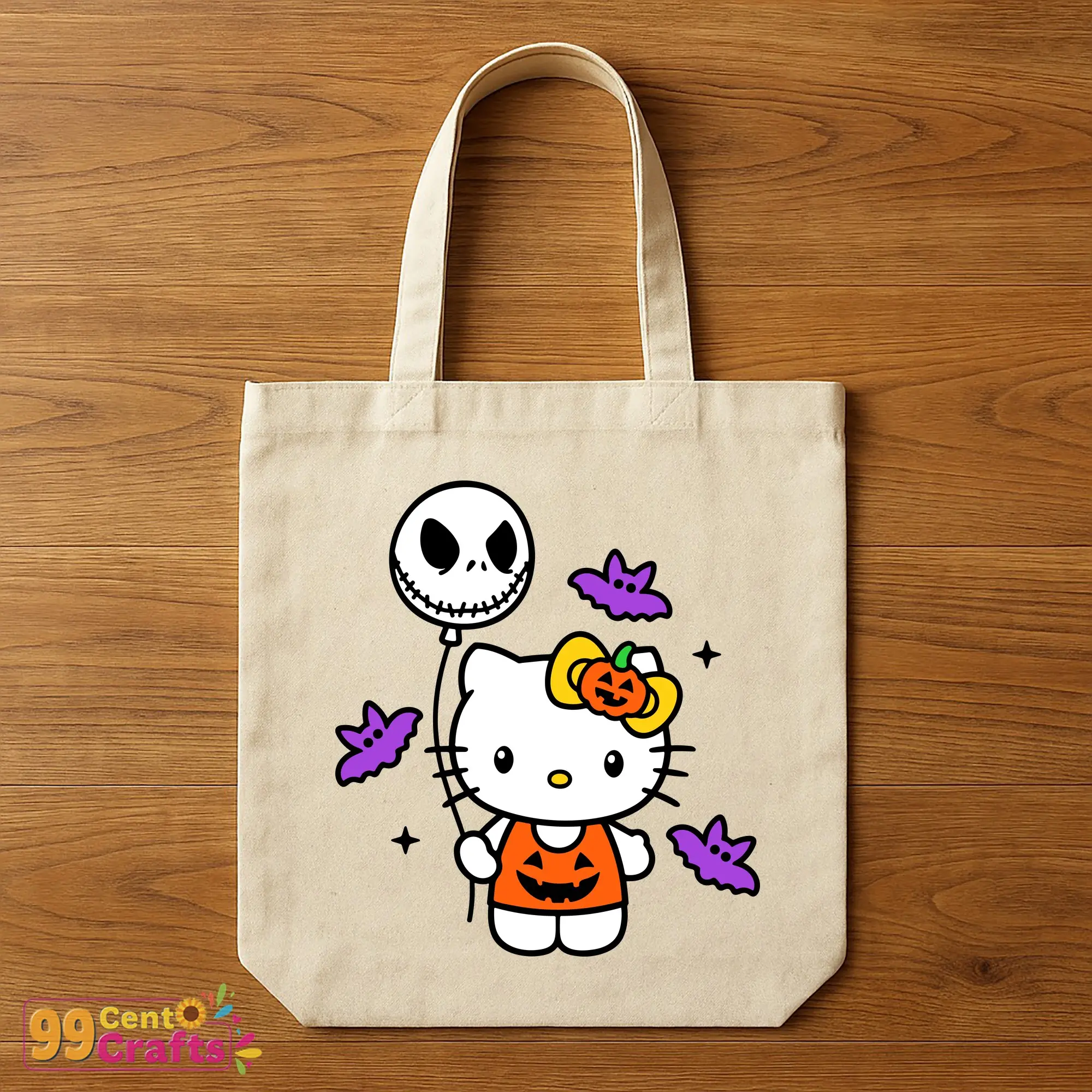 Jack Balloon Hello Kitty Halloween SVG design on tote bag mockup perfect for Halloween accessories and gifts