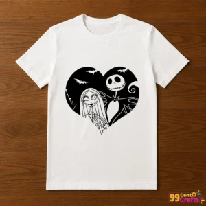 Jack Skellington and Sally heart design printed on a T-shirt mockup