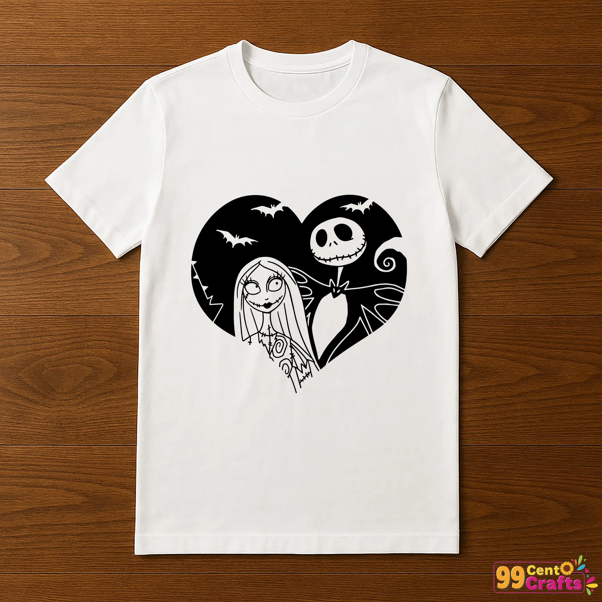 Jack Skellington and Sally heart design printed on a T-shirt mockup