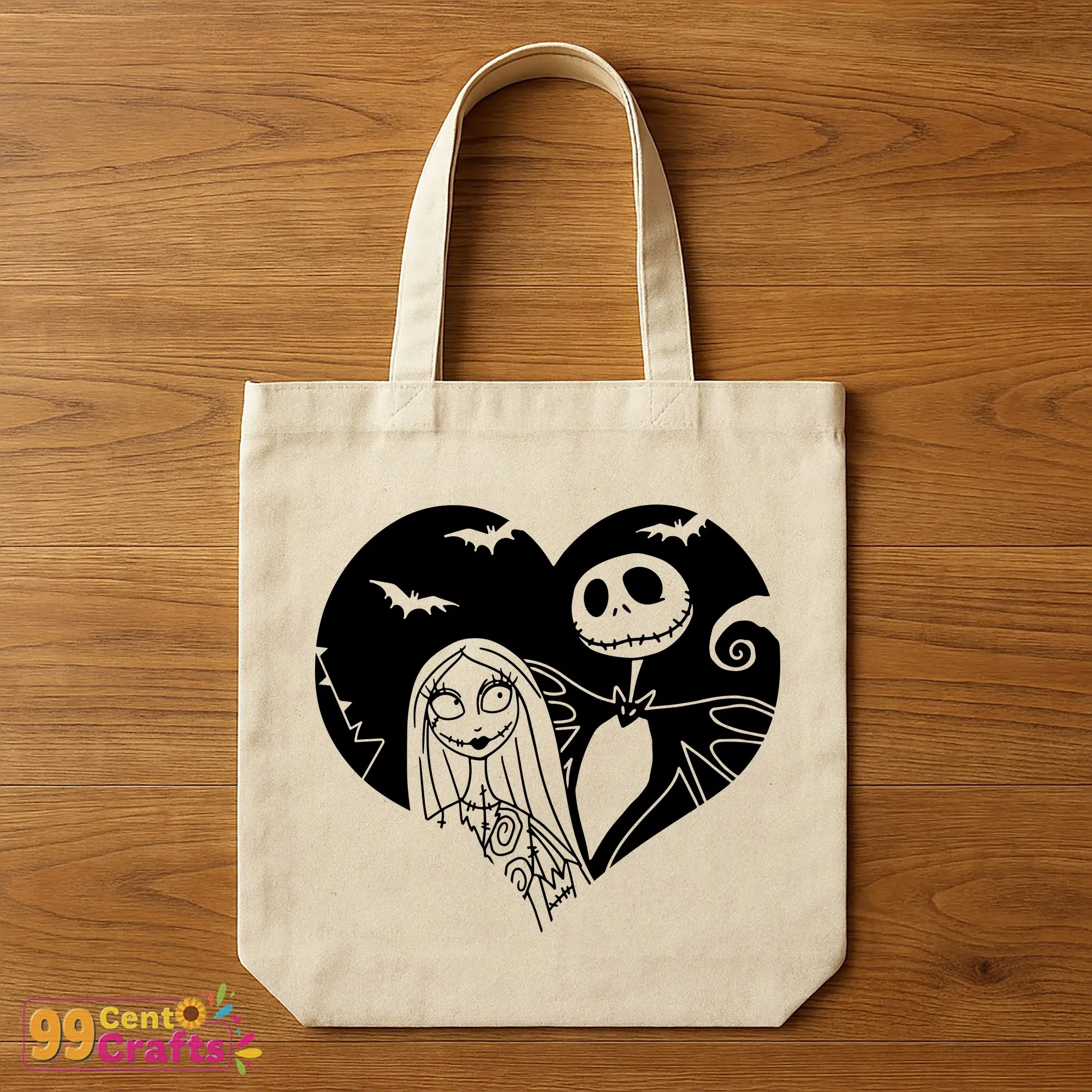 Jack Skellington and Sally heart design on a tote bag mockup