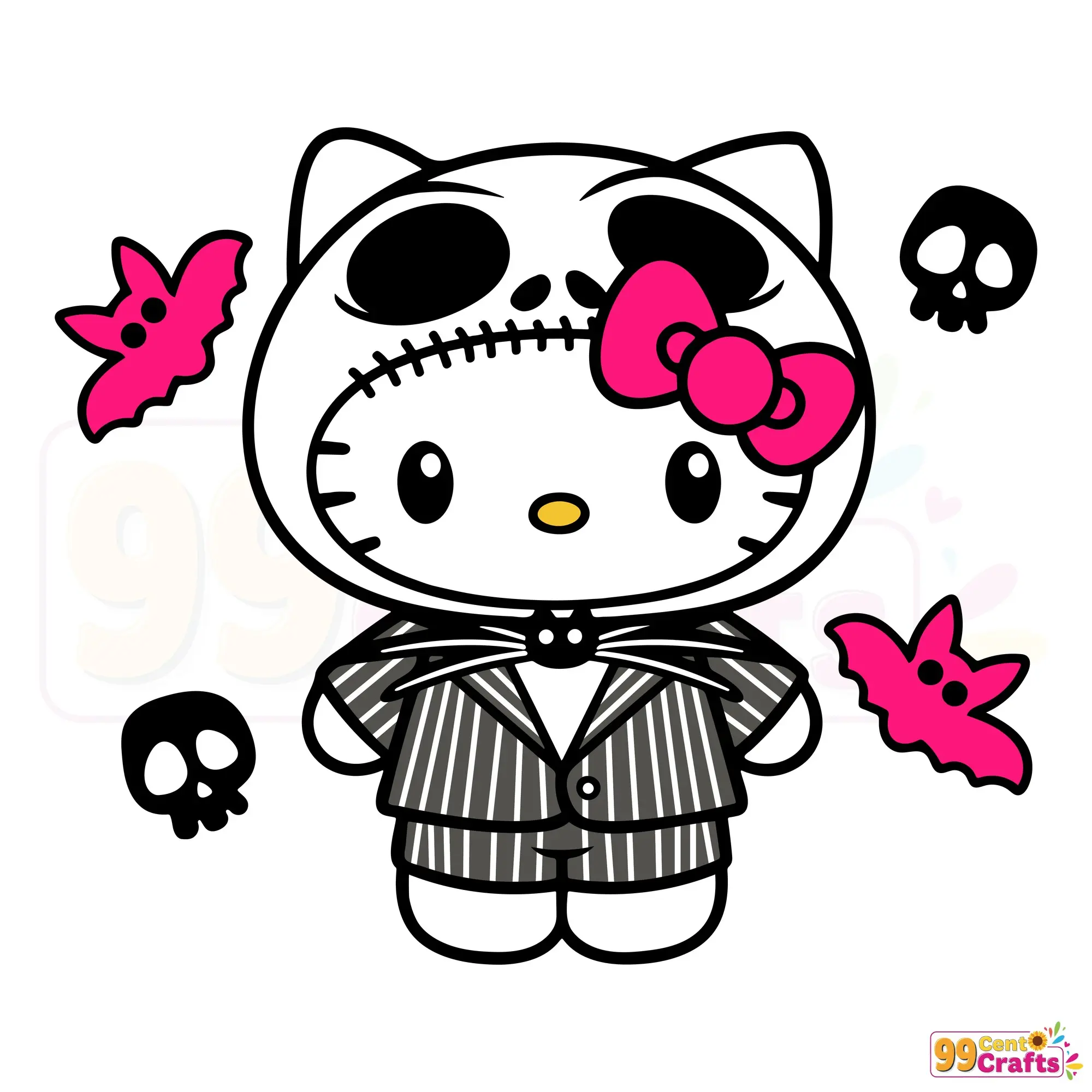 Jack Skellington Hello Kitty SVG design featuring Sanrio character in Nightmare Before Christmas style for Halloween crafts