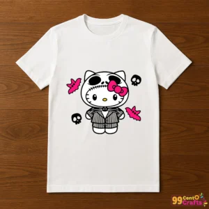Jack Skellington Hello Kitty design printed on t-shirt mockup showing Halloween Sanrio crossover apparel application