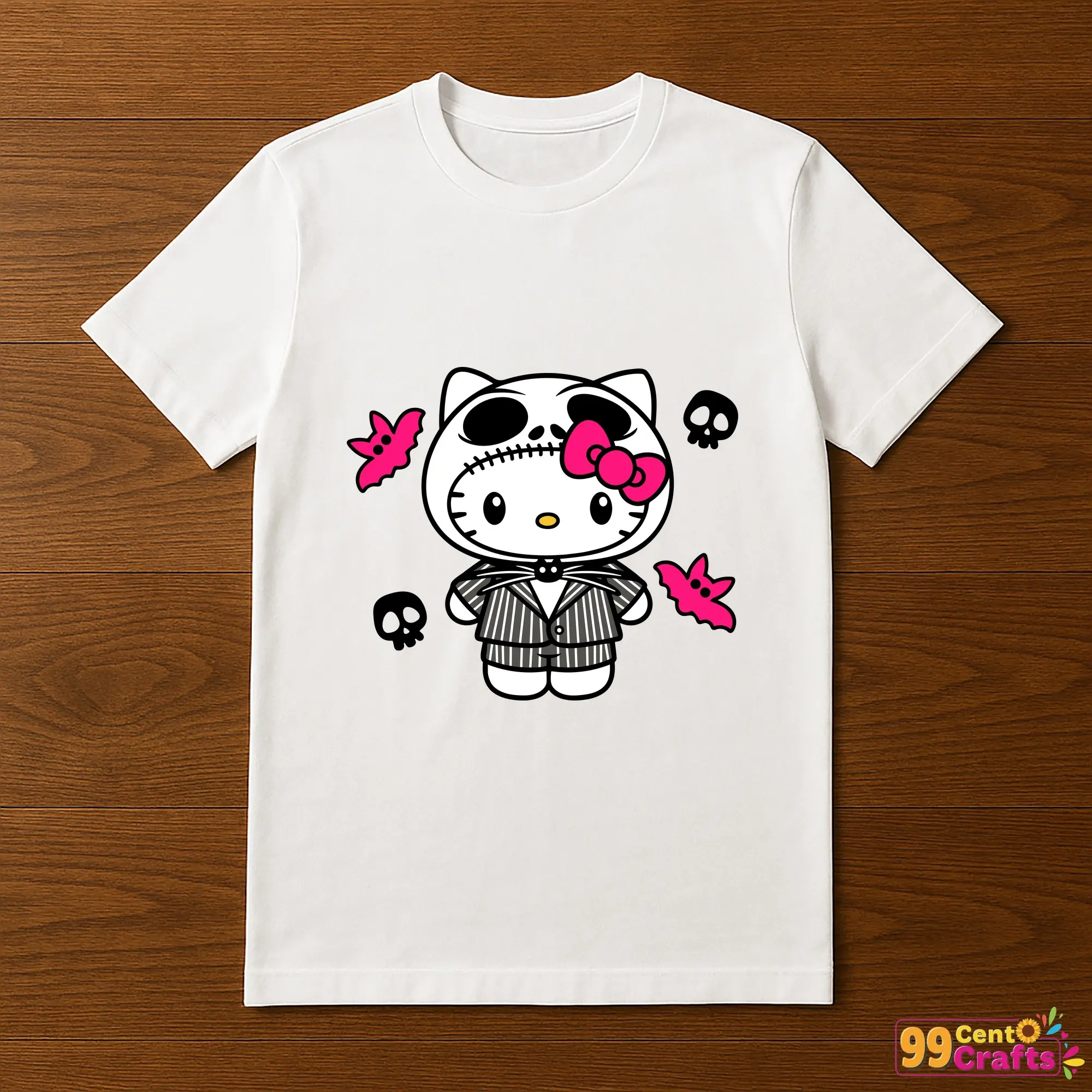 Jack Skellington Hello Kitty design printed on t-shirt mockup showing Halloween Sanrio crossover apparel application