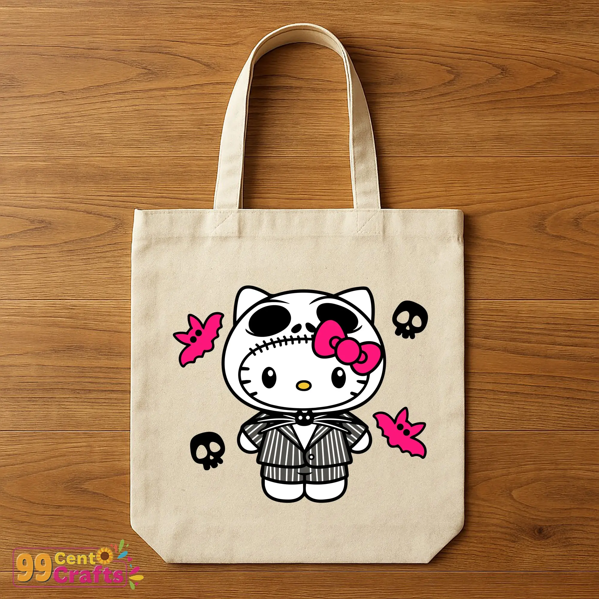 Jack Skellington Hello Kitty SVG design on tote bag mockup demonstrating Halloween Sanrio crossover accessory use