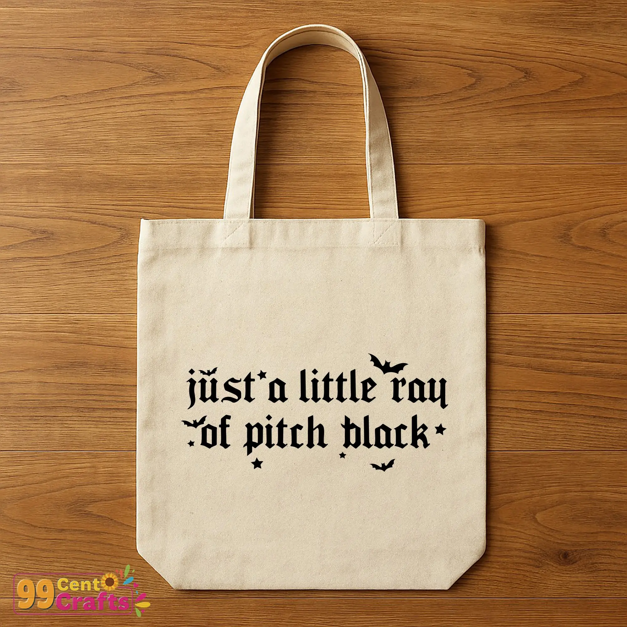 Just A Little Ray of Pitch Black gothic Halloween quote SVG design on tote bag mockup for craft projects