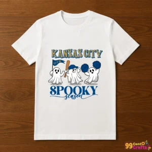 Kansas City Royals spooky season baseball design printed on t-shirt mockup showing Halloween ghost themed graphics