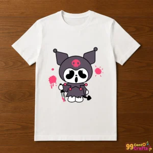 Kuromi Ghostface Scream design printed on t-shirt mockup showing Halloween Sanrio character apparel application