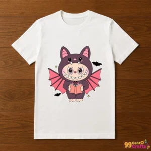 Labubu bat Halloween design printed on t-shirt mockup for DIY apparel crafting