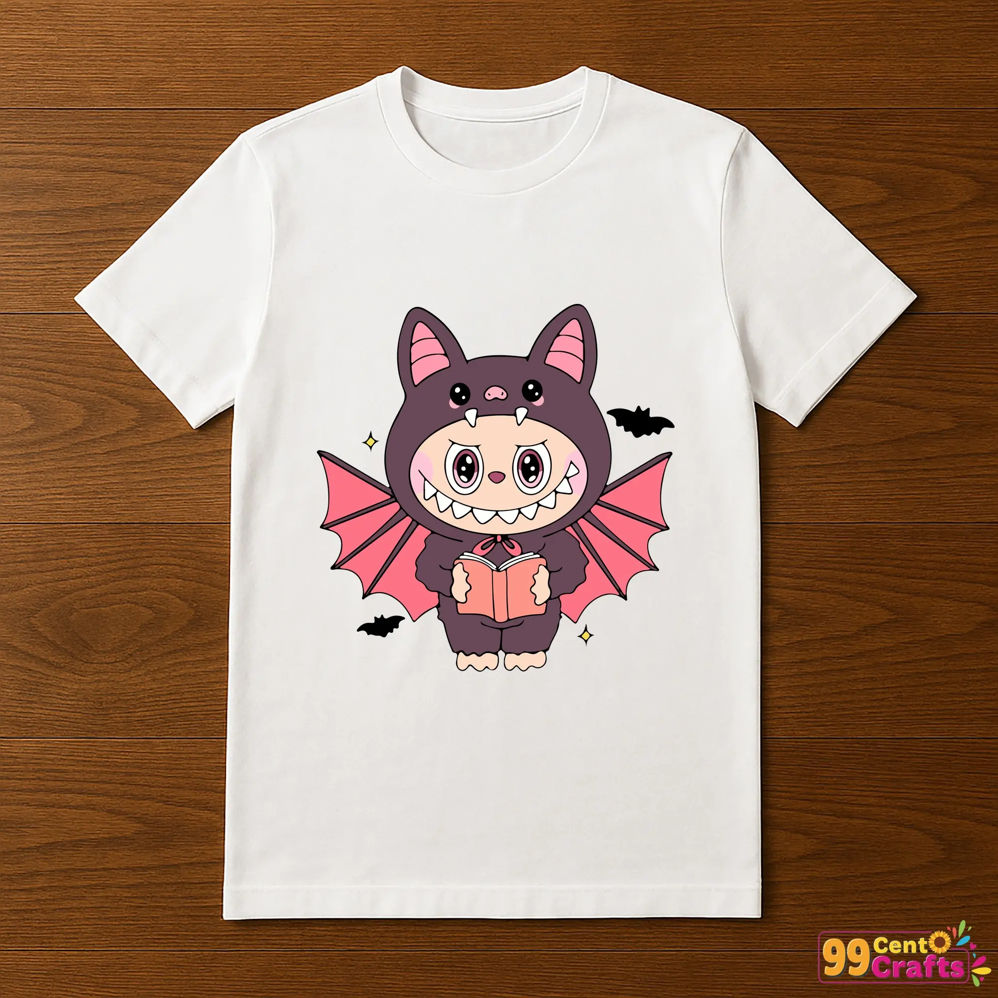 Labubu bat Halloween design printed on t-shirt mockup for DIY apparel crafting