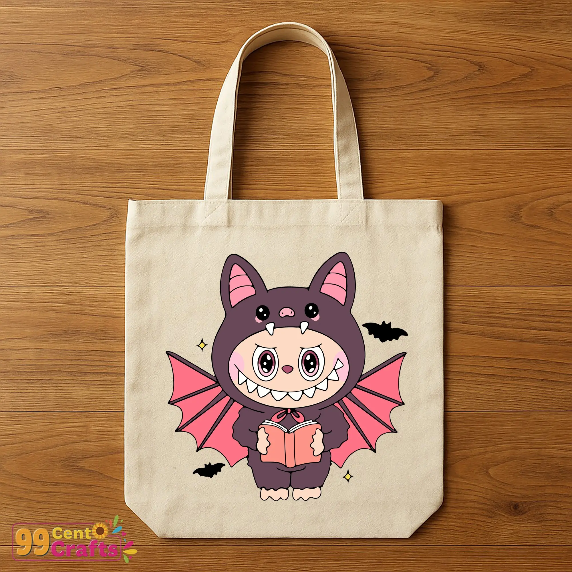 Labubu bat Halloween SVG design on tote bag mockup for seasonal craft projects