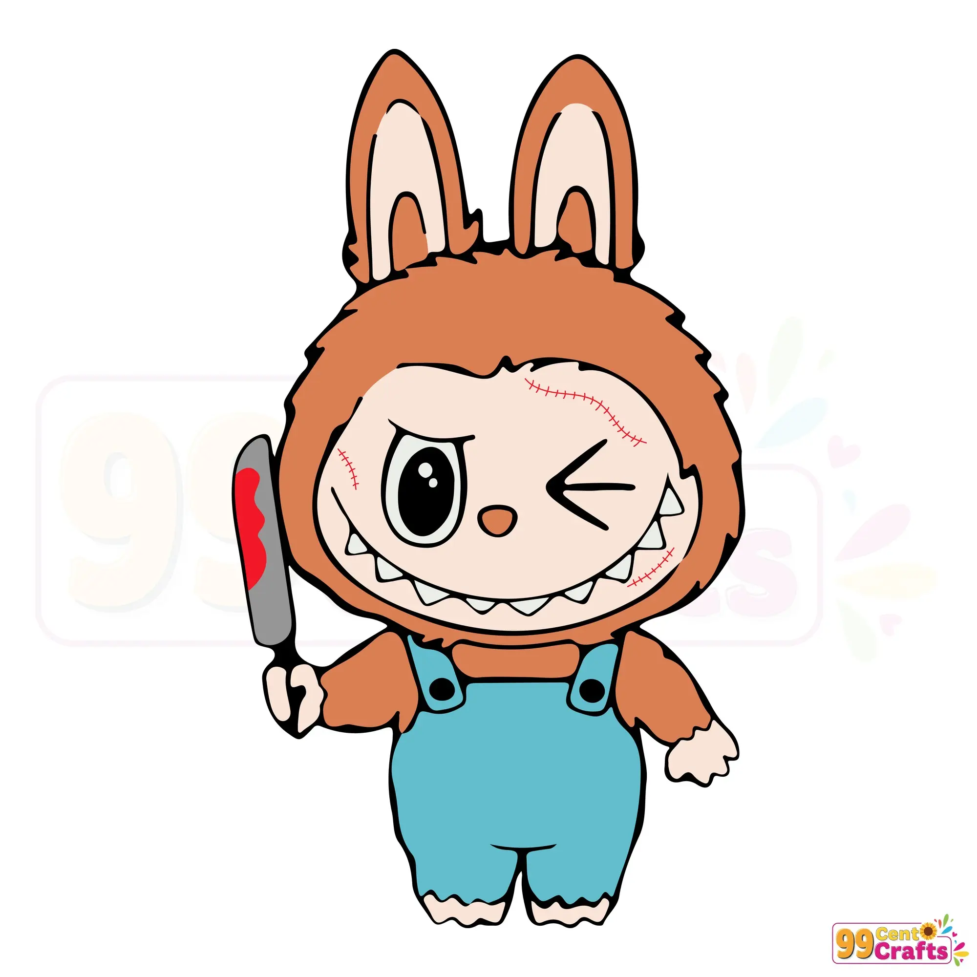 Labubu Chucky Halloween SVG design printed on t-shirt mockup showing scary doll costume craft