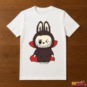 Labubu Dracula Halloween SVG printed on t-shirt mockup showing cute vampire costume design for apparel