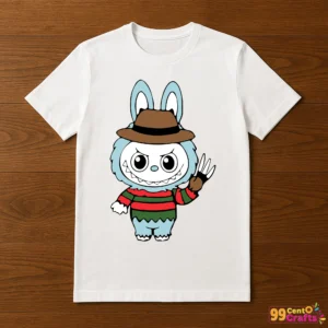 Labubu Freddy Krueger design printed on t-shirt mockup showing horror Halloween themed apparel application