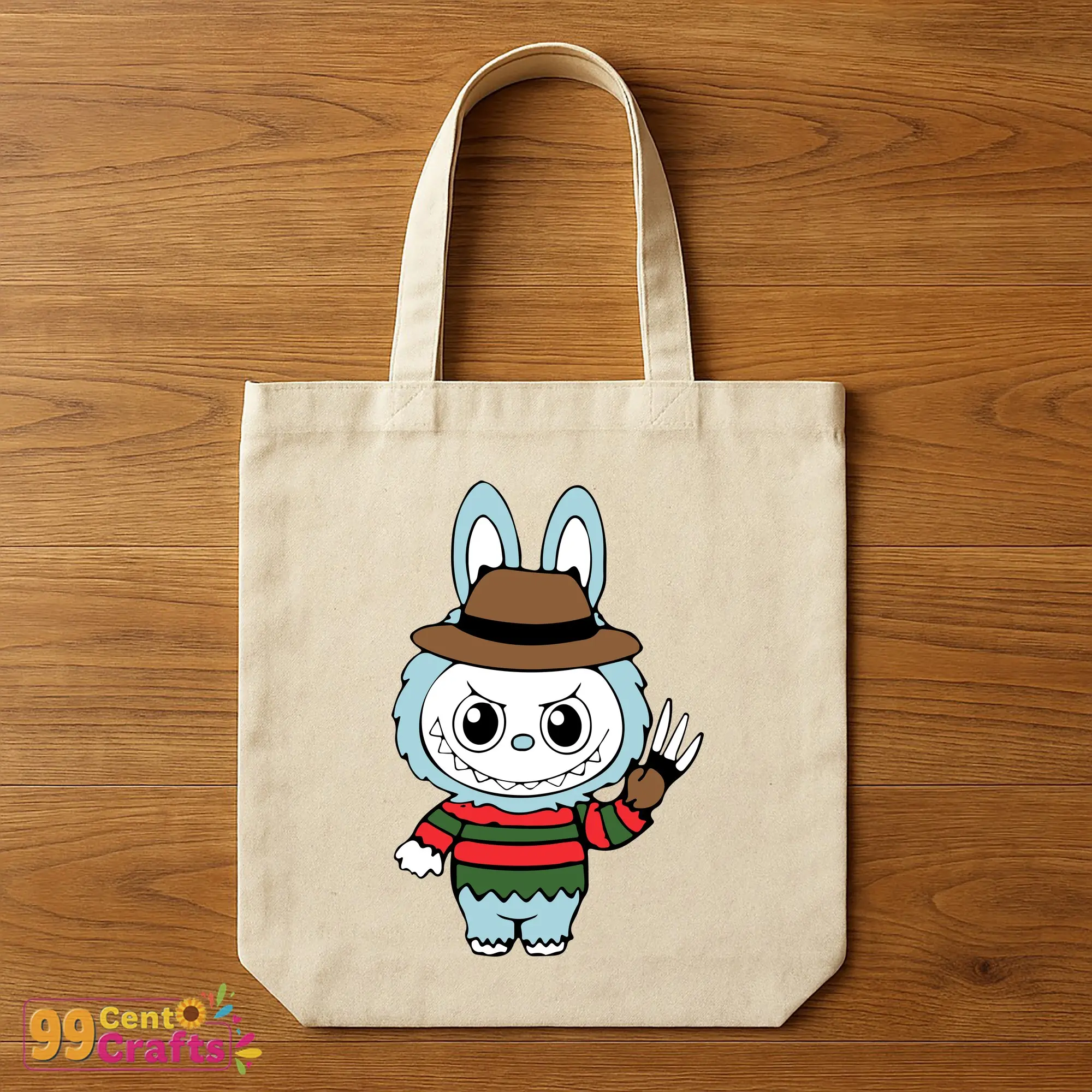 Labubu Freddy Krueger SVG design on tote bag mockup demonstrating Halloween craft project and accessory use