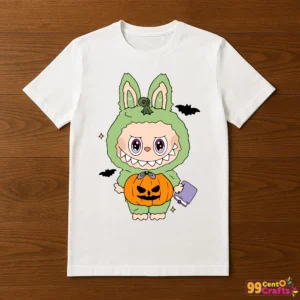 T-shirt mockup featuring cute Labubu Halloween pumpkin costume SVG design for apparel crafting