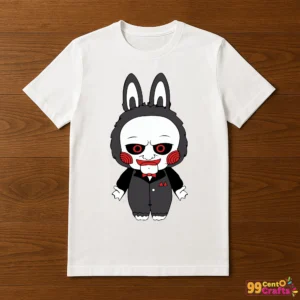 Labubu Jigsaw Halloween scary puppet design printed on t-shirt mockup showing costume graphics application