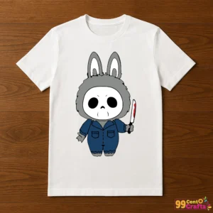 Labubu Michael Myers Halloween design printed on t-shirt mockup showing horror themed apparel