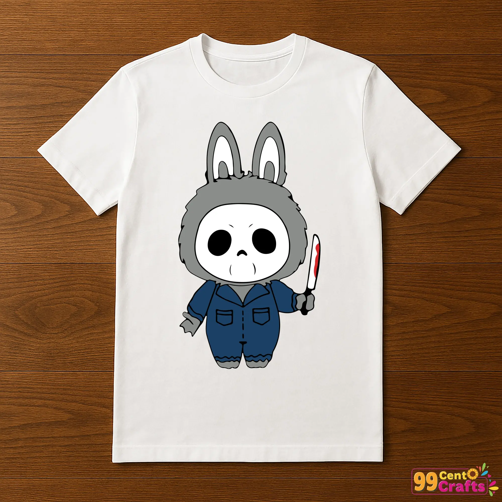 Labubu Michael Myers Halloween design printed on t-shirt mockup showing horror themed apparel