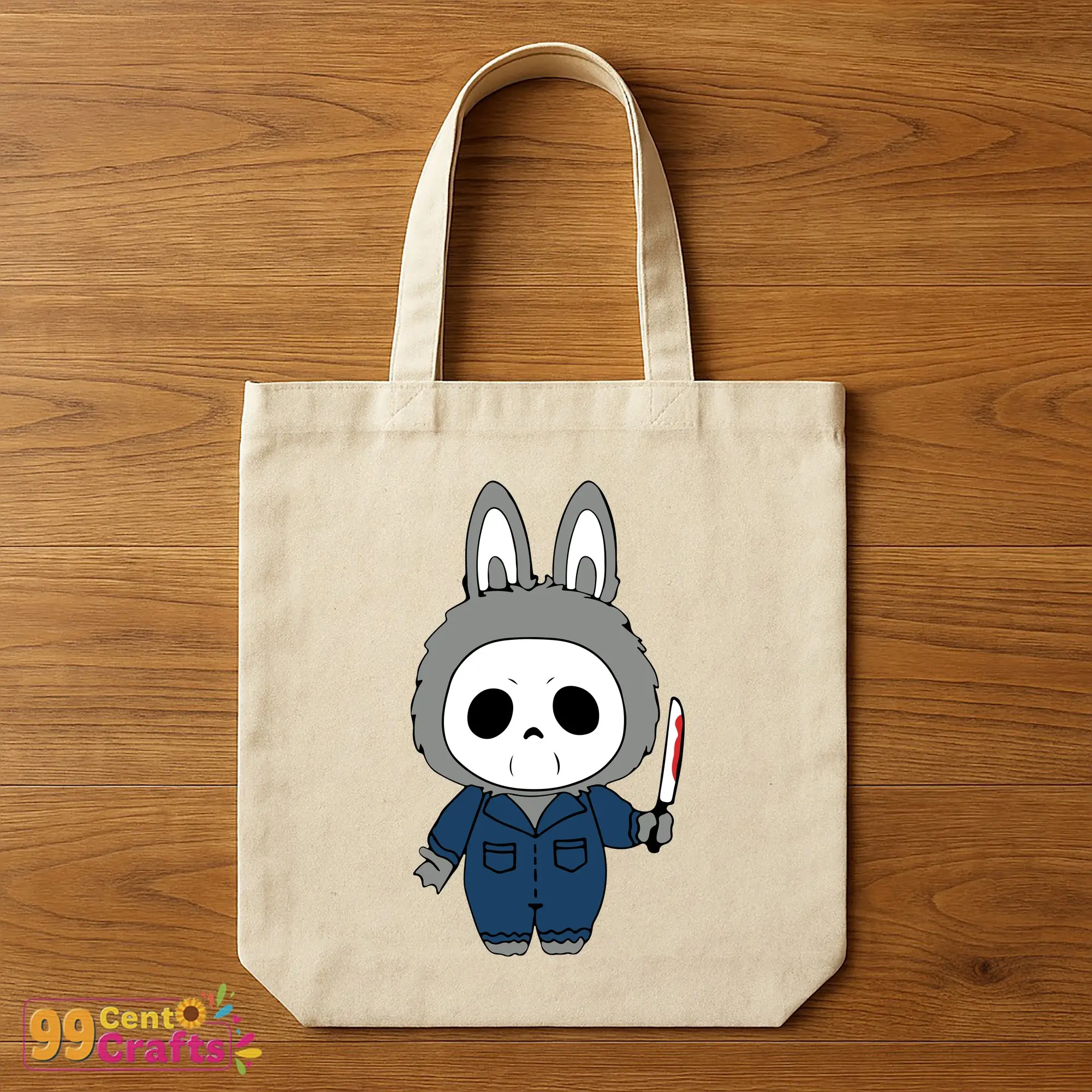 Labubu Michael Myers Halloween SVG design on tote bag mockup for spooky accessories