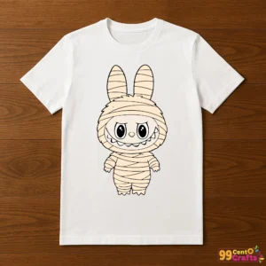 Labubu Mummy Halloween SVG printed on t-shirt mockup showing cute wrapped costume design for apparel crafting