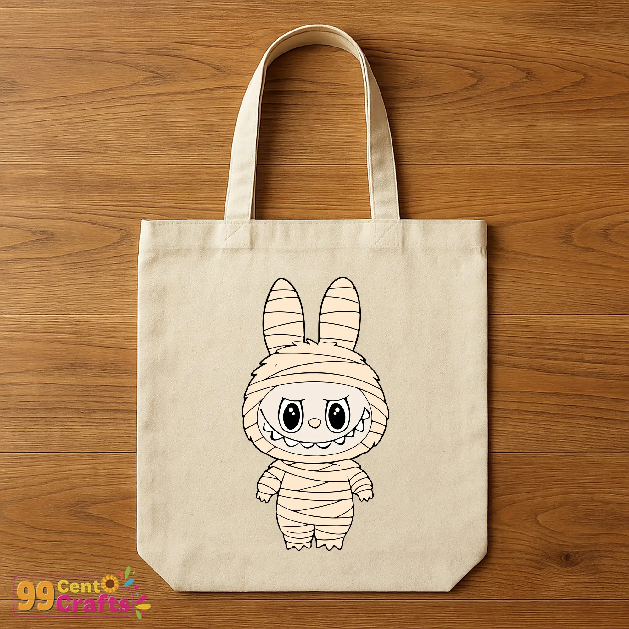 Labubu Mummy Halloween SVG on tote bag mockup displaying cute wrapped costume design for accessory projects