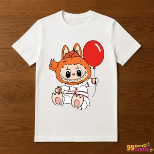 Labubu Pennywise creepy clown design printed on t-shirt mockup for Halloween apparel crafting