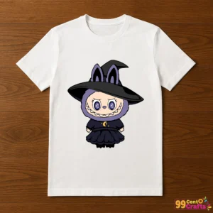 Labubu witch with cute witch hat Halloween design printed on t-shirt mockup for apparel crafting