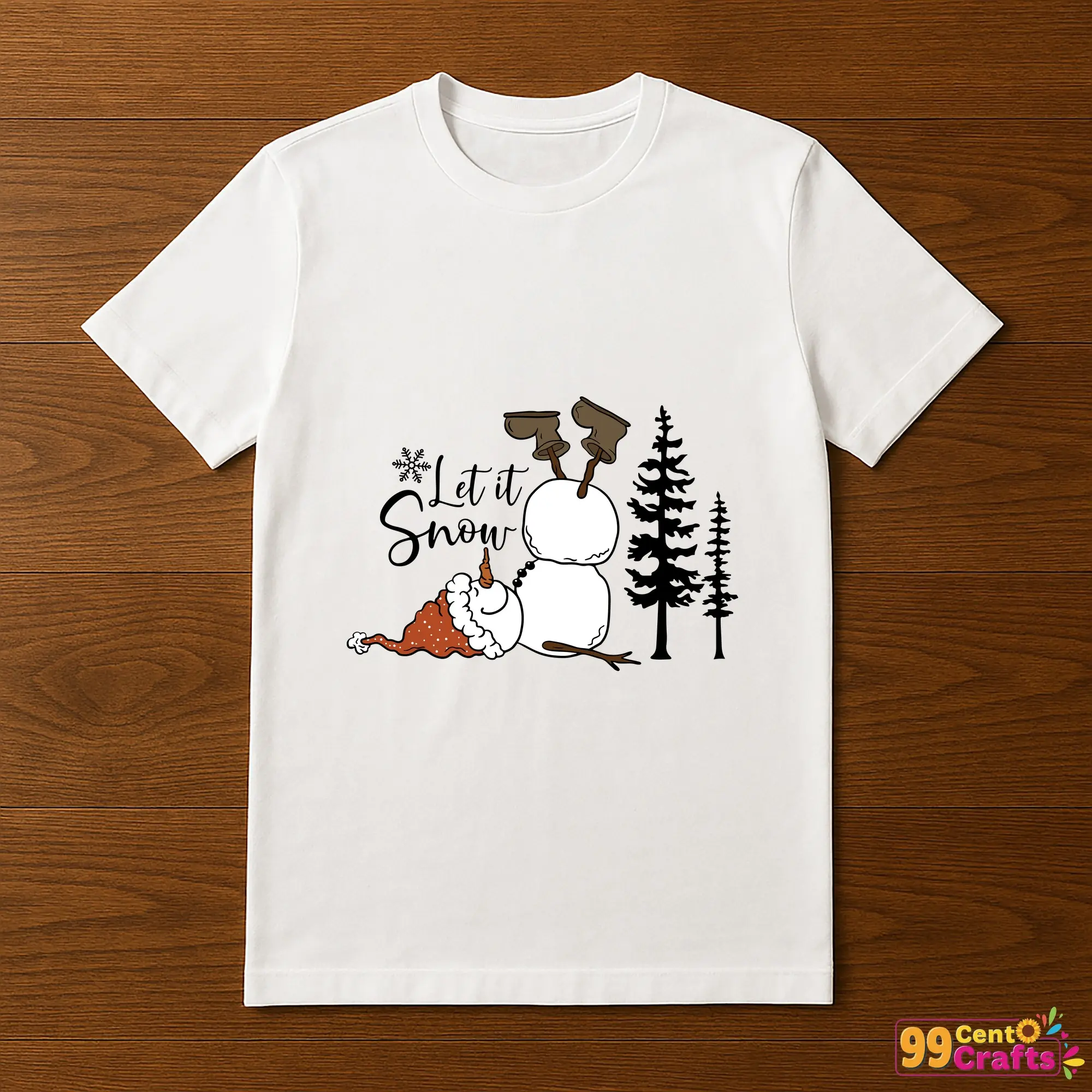 Let It Snow design with snowman and Christmas tree printed on t-shirt mockup