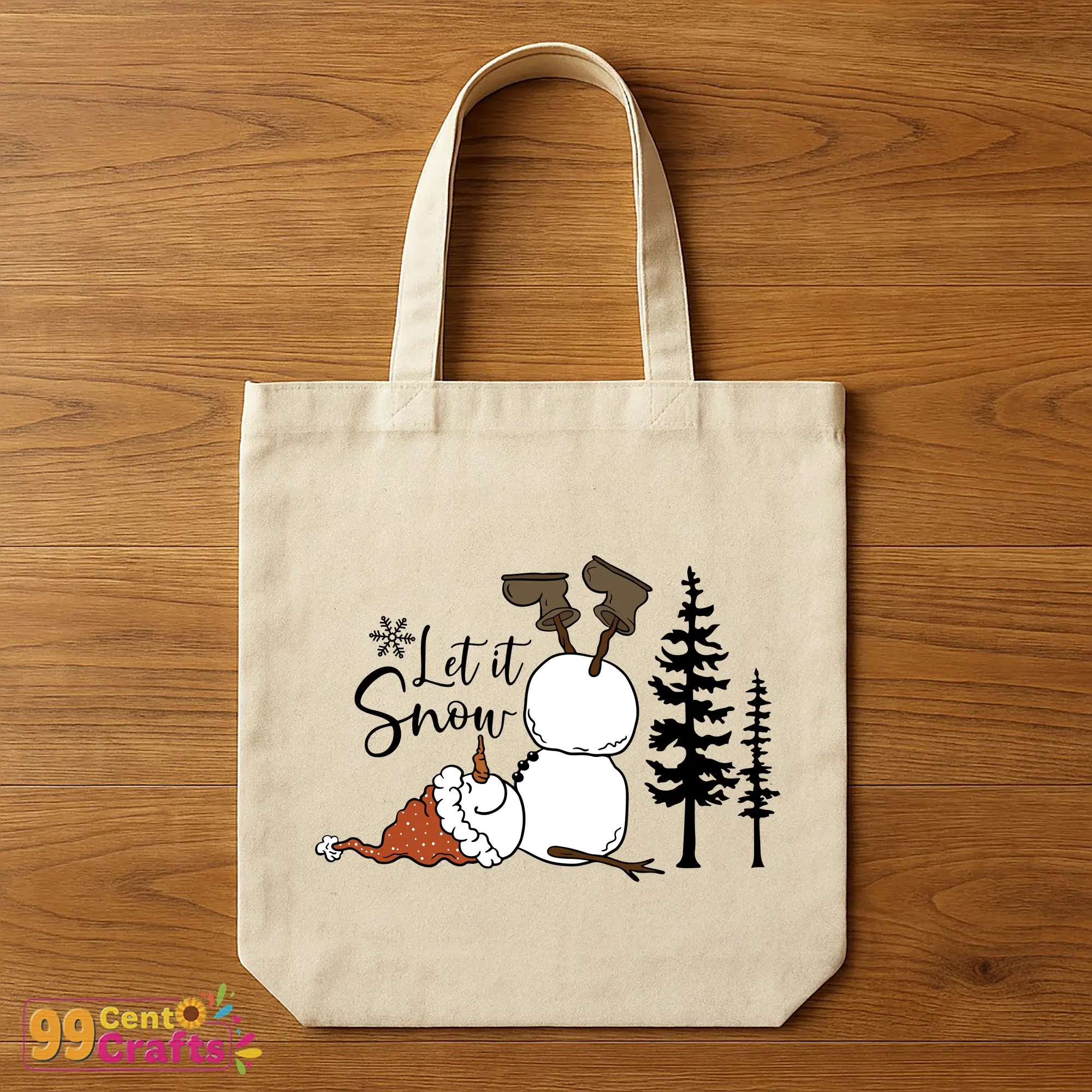 Let It Snow snowman and Christmas tree design displayed on tote bag mockup