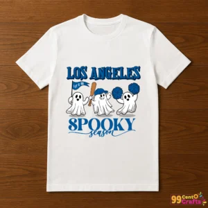 Los Angeles Dodgers Spooky Season design printed on t-shirt mockup showing Halloween baseball themed apparel
