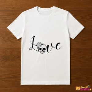 Love Skull floral SVG design printed on t-shirt mockup showing edgy romantic typography with decorative skull