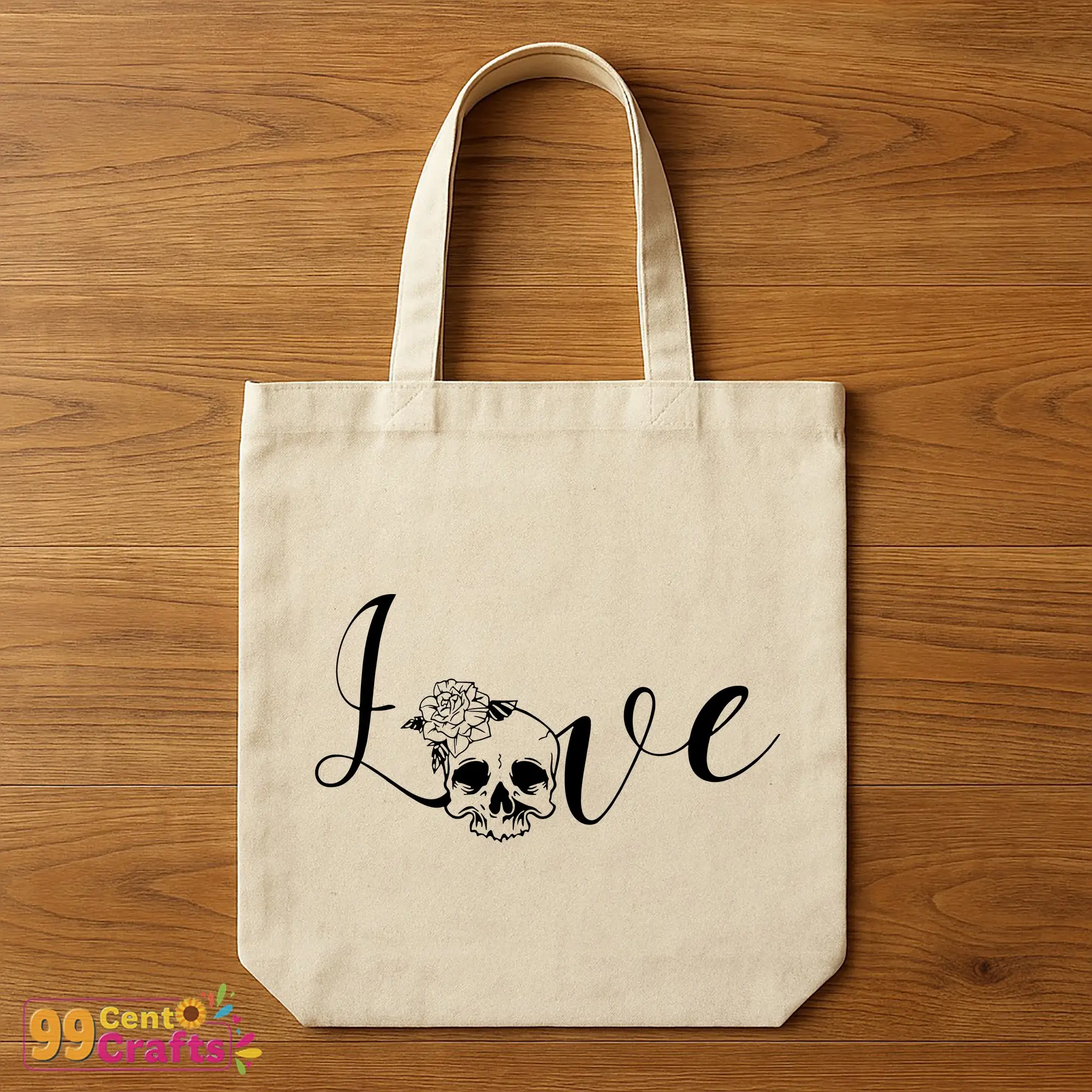 Love Skull floral SVG design on tote bag mockup displaying edgy romantic skull typography perfect for crafting