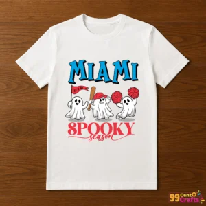 Miami Marlins Spooky Season Halloween design displayed on t-shirt mockup showing apparel application