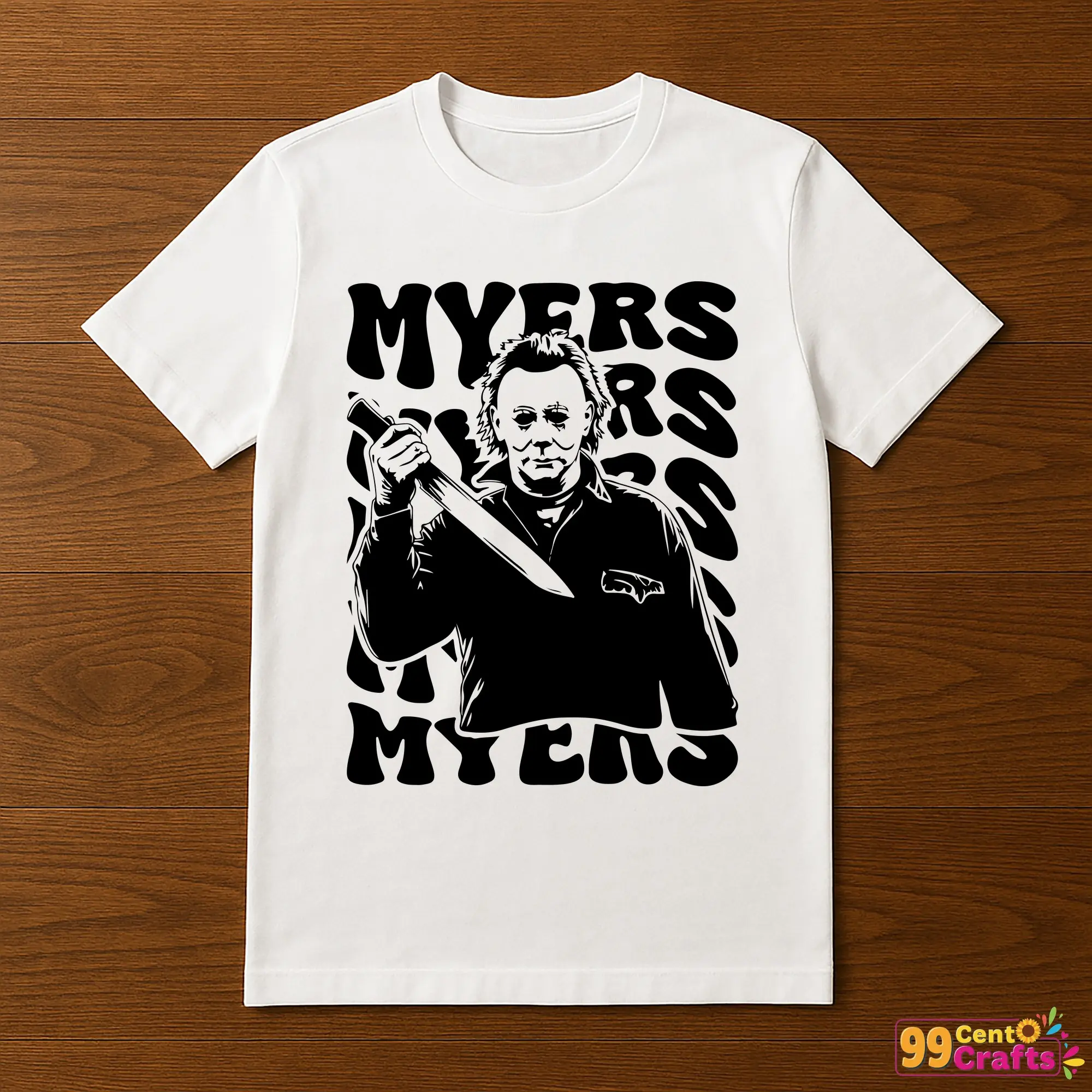 Michael Myers Halloween SVG design displayed on t-shirt mockup for apparel crafting inspiration