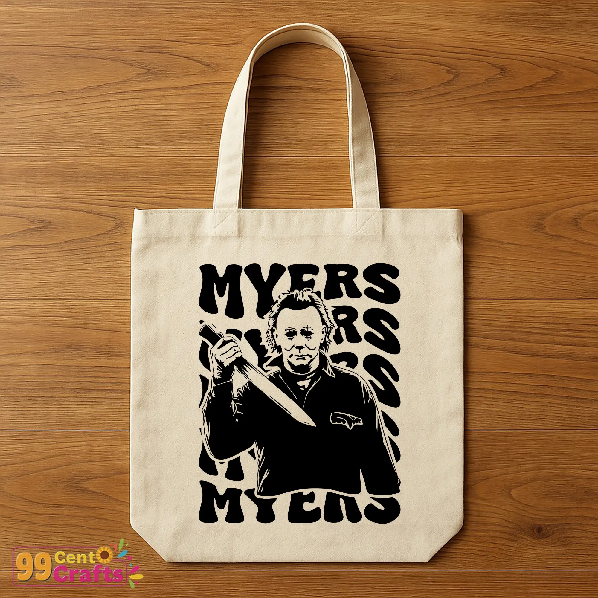 Michael Myers Halloween SVG design shown on tote bag mockup for seasonal accessory projects