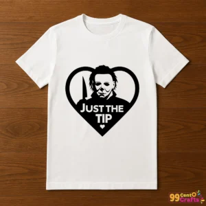Michael Myers Just The Tip design displayed on t-shirt mockup for Halloween horror themed apparel