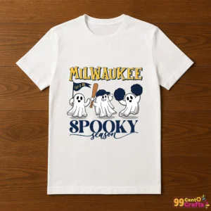 Milwaukee Brewers Halloween ghost baseball design printed on t-shirt mockup for spooky season apparel