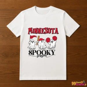 Minnesota Twins spooky season ghost Halloween design printed on t-shirt mockup showing baseball team spirit