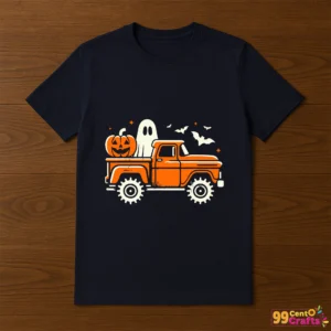 Halloween monster truck with pumpkin and ghost design printed on t-shirt mockup