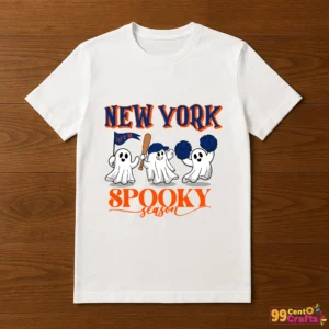 New York Mets Halloween SVG design printed on t-shirt mockup showing spooky baseball theme